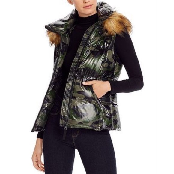 New Aqua Faux Fur-Trim Camo Puffer Vest  sz XS - Picture 2 of 9